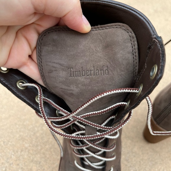 TIMBERLAND Glancy Heeled Boot Brown Lug Sole Lace Up 7.5 LIKE NEW Revolve 6” - Picture 9 of 14